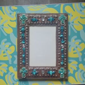 Handcrafted Beaded Brown and Turquoise Photo Frame